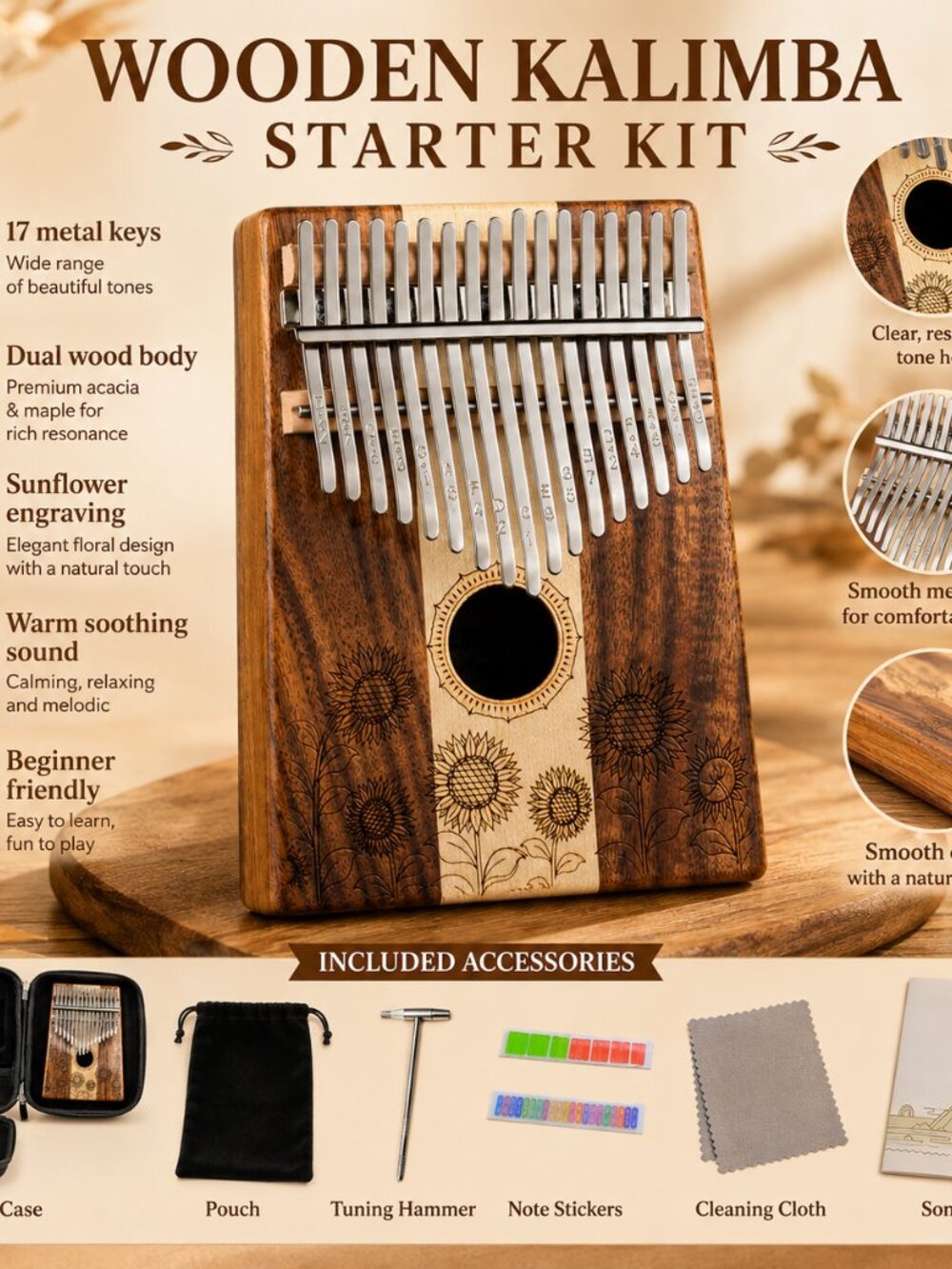 17 Key Wooden Kalimba Sunflower Design Thumb Piano Beginner Gift Case - Picture 3 of 10